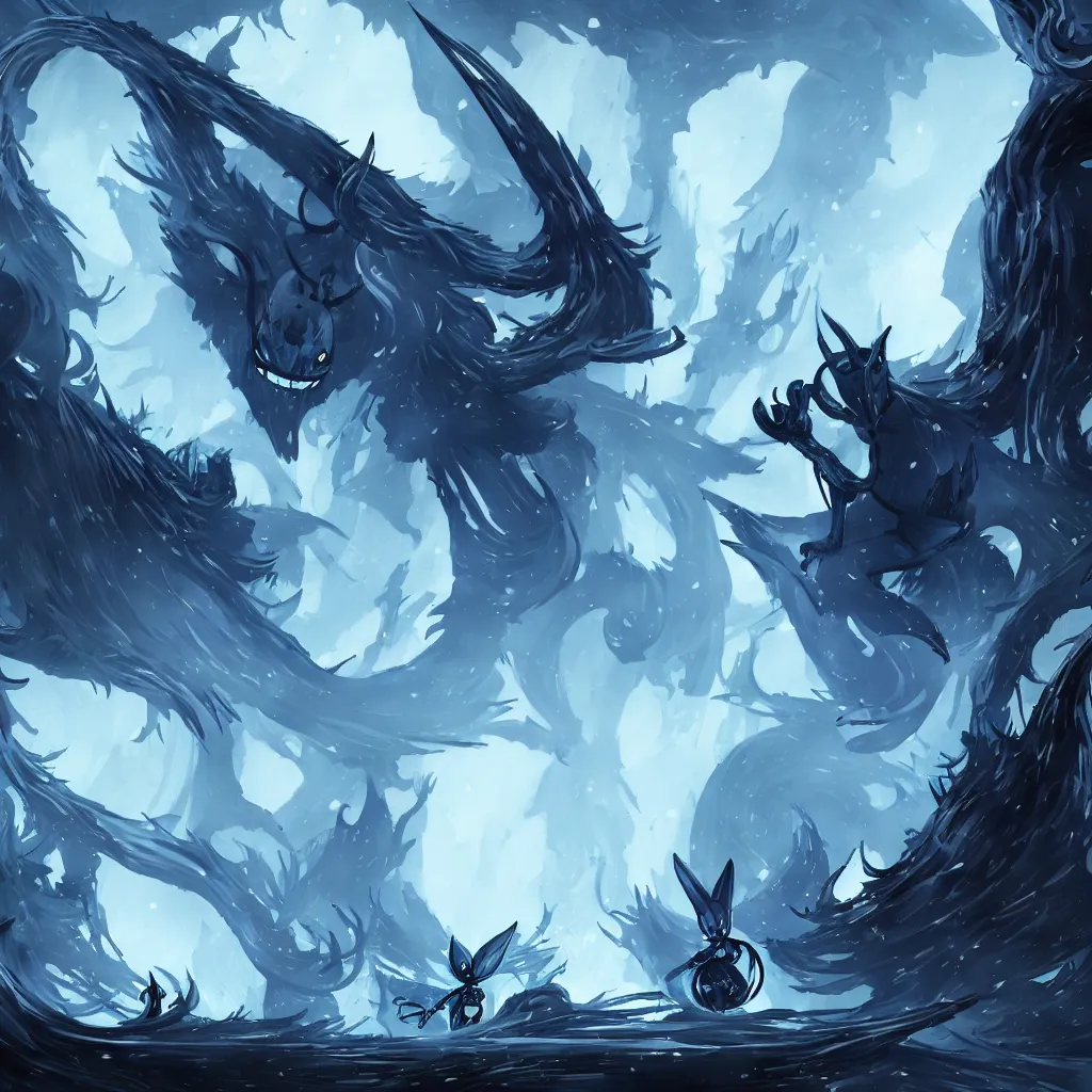 Image similar to concept art for hollow knight. Ominous. High detail. No text. Blue. Bright Colors. nightmare king grimm. Sharp. 4K 8K. Detailed shapes.