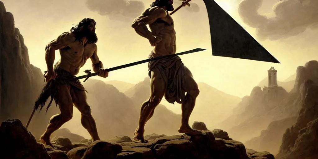 Image similar to realistic painting of biblical Cain with a spear fighting Abel with a scythe, a stone altar with white smoke ascending in the background, masculine and rugged, inspired art by Frazetta + facial symmetry + dramatic volumetric lighting, well lit, 8k octane render, intricate, epic composition, golden hour cinematic lighting + masterpiece, trending on artstation, very detailed, masterpiece, stunning