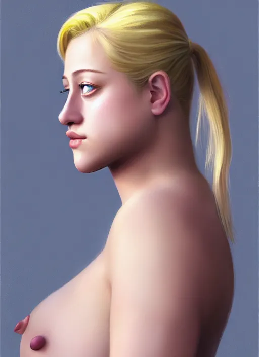 Image similar to full body portrait, teenage lili reinhart, blonde hair, obese, bangs, ponytail, sultry, realistic, sultry smirk, fluffy bangs, curly bangs, fat, belly, intricate, elegant, highly detailed, digital painting, artstation, concept art, smooth, sharp focus, illustration, art by wlop, mars ravelo and greg rutkowski