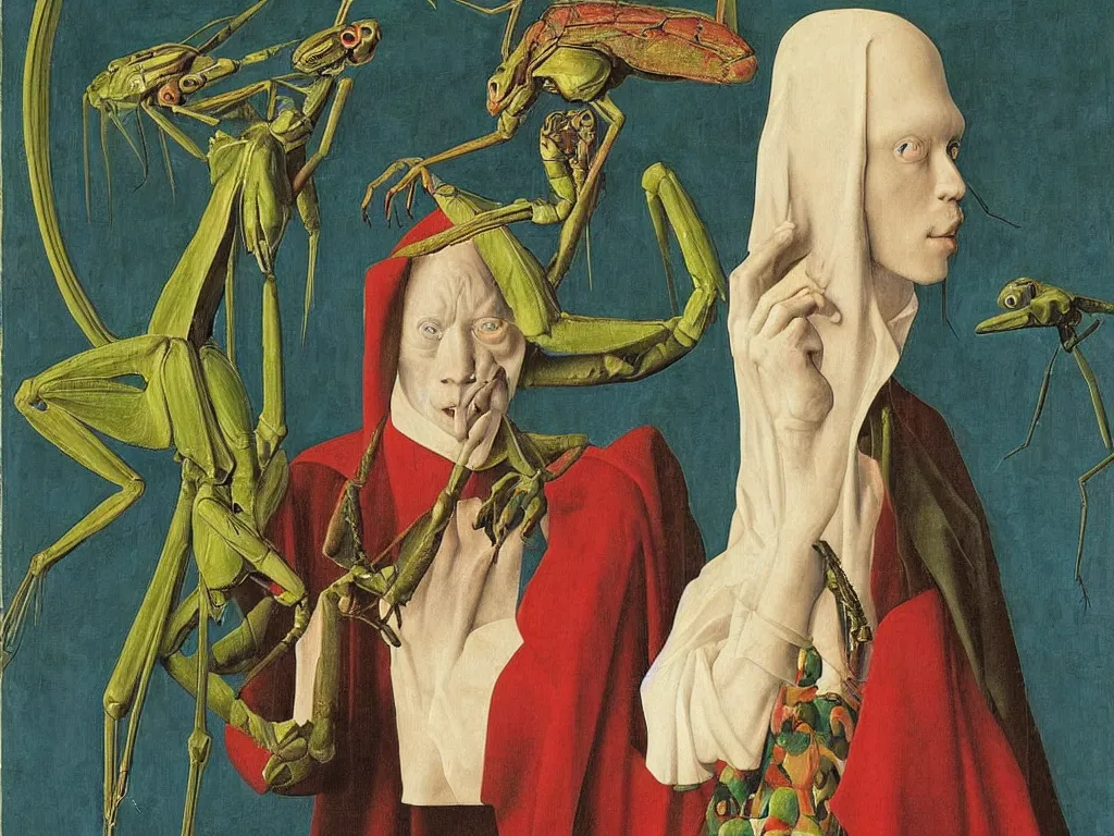 Prompt: portrait of albino mystic with blue eyes, with beautiful exotic giant mantis. Painting by Jan van Eyck, Audubon, Rene Magritte, Agnes Pelton, Max Ernst, Walton Ford