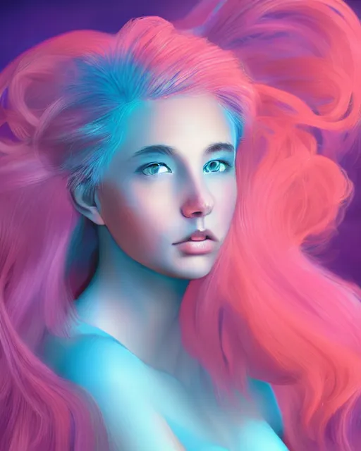 Prompt: a detailed digital art of a dramatic lighting beautiful young woman with cotton candy hair. with a little bit of cyan and pink