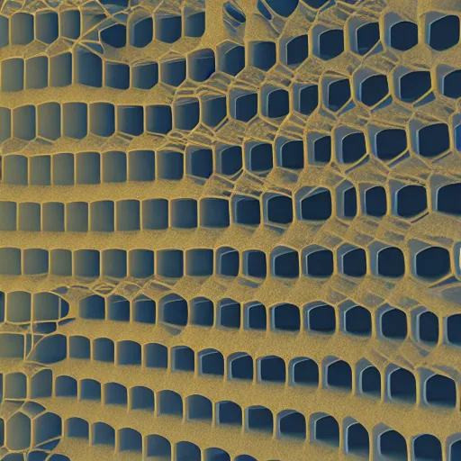 Image similar to architecture made of bees cells, geometric pattern, ultradetailled, uplight, octane render,