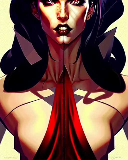 Image similar to artgerm, joshua middleton comic cover art, full body pretty megan fox vampire sharp teeth, red dress, symmetrical eyes, symmetrical face, long curly black hair, dark castle background background, cinematic lighting