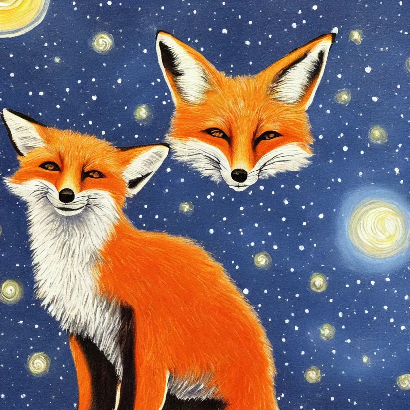 Image similar to a painting of a fox looking up at the stars in the style of Starry Night, highly detailed,