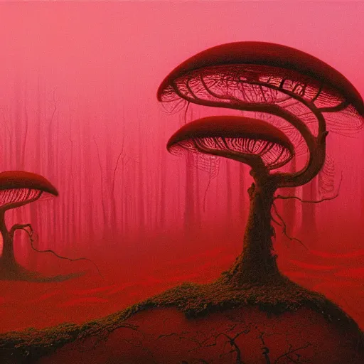 Image similar to landscape painting of redwood forest overrun with red alien vines and cancerous tumor pufball mushrooms with an ominous red sunset, by Beksinski and Ansel Adams and Greg Rutkowski and Moebius