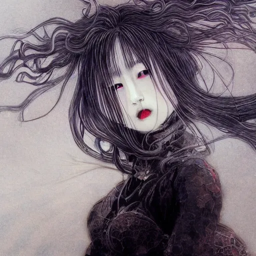 Image similar to yoshitaka amano blurred and dreamy realistic illustration of a japanese woman with black eyes, black lipstick, wavy white hair fluttering in the wind wearing elden ring armor with engraving, abstract patterns in the background, satoshi kon anime, noisy film grain effect, highly detailed, renaissance oil painting, weird portrait angle, blurred lost edges, three quarter view
