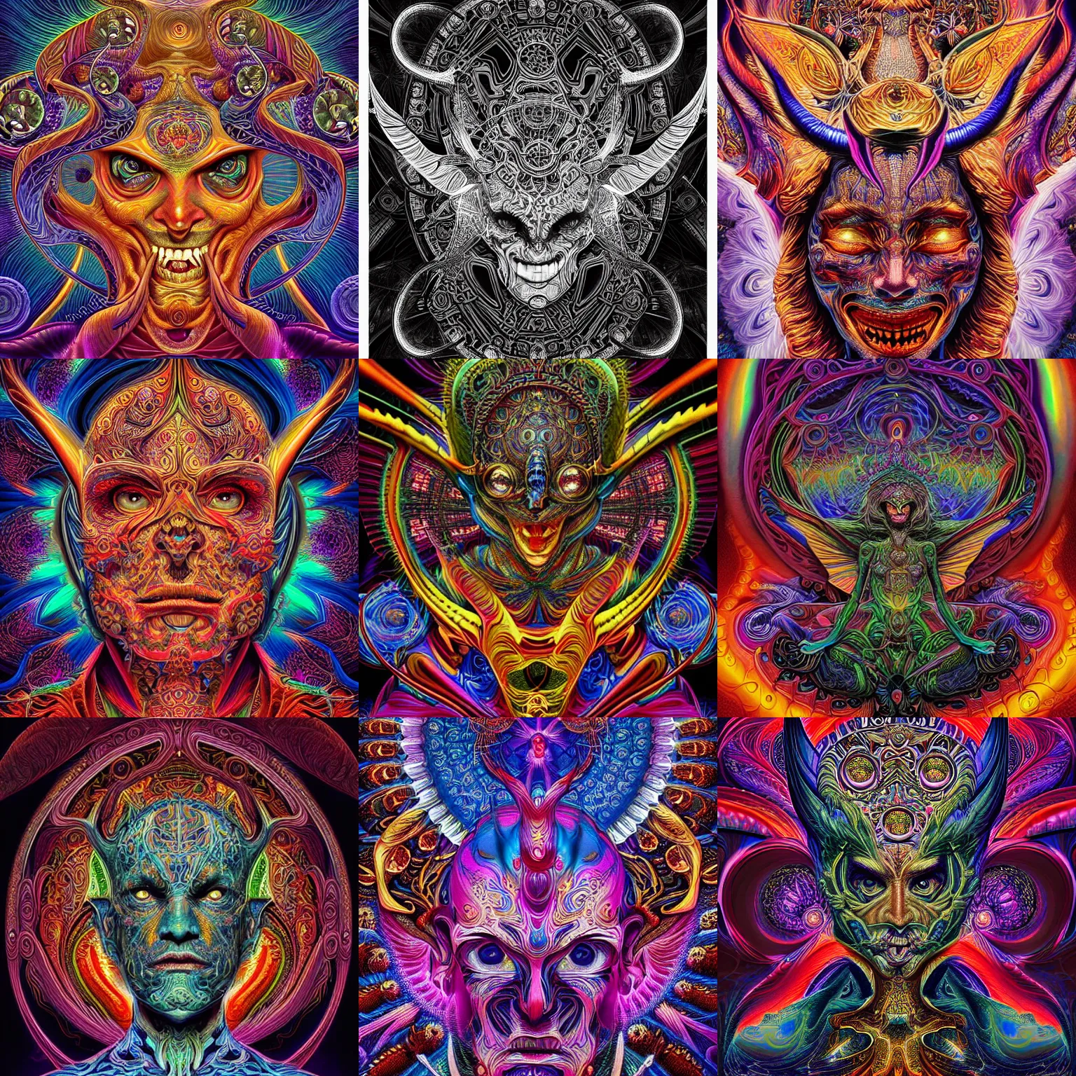 Prompt: a intricate ornate psychedelic image of a devil, digital art by felix kelly, alex grey, dan mumford, artgerm, psychedelic art, psychedelic, fractalism, fractals, sacred geometry, artstation, detailed, art, hyper realism, hyper detailed, cgsociety, ue 5, hd, 3 d