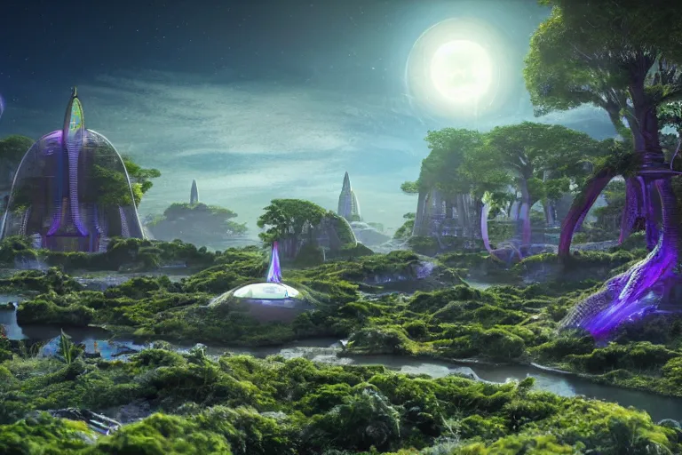 Image similar to highly advanced civilization living in hindu temple inspired space colonie, floating islands connected with roots, avatar like landscape, high - tech space cult with trees and plants and alien flowers, dramatic lighting, epic, octane render, volumetric light, unreal engine, artbreeder, 8 k, background, scene, digital, artwork, high quality, 8 k