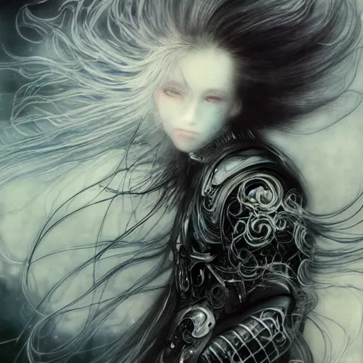 Image similar to Yoshitaka Amano blurred and dreamy illustration of an anime girl with wavy white hair fluttering in the wind and cracks on her face wearing elden ring armour with the cloak, abstract black and white patterns on the background, noisy film grain effect, highly detailed, Renaissance oil painting, weird portrait angle