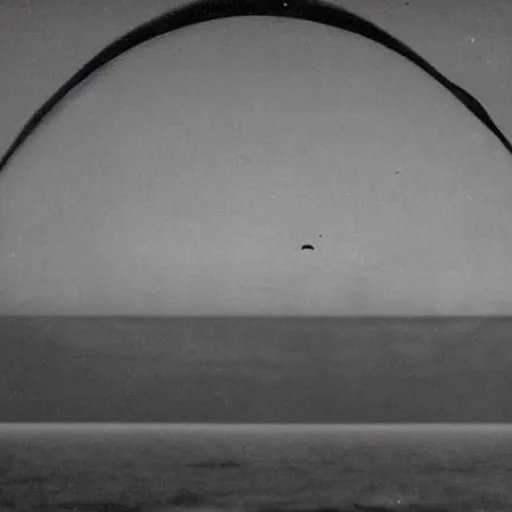Prompt: dark photo of an ufo above the ocean, black and white, 1 9 2 0's, pictorialism