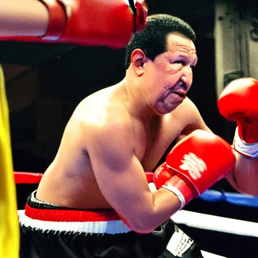 Prompt: A still of Hugo Chávez in a boxing match against Nicolas Maduro, 4k, highly detailed, photograph, photoreal, award winning, promo shoot