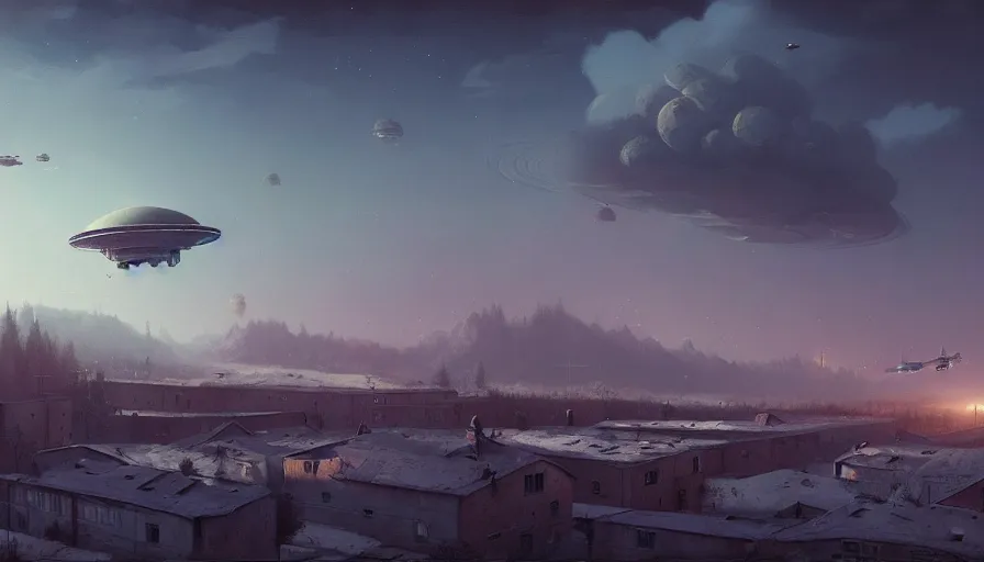 Image similar to a beautiful matte painting of a flying space ship over old soviet village, simon stalenhag and jakub rozalski and alan bean, trending on artstation, realistic rendering