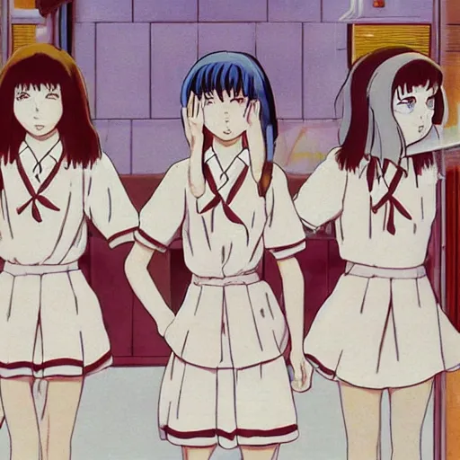 Image similar to screenshot from guro anime, 8 0's horror anime, yellowed grainy vhs footage with noise, four schoolgirls trapped in a bathroom, bathroom stalls and sinks and tiled floor, girls are in beige sailor school uniforms, one girl has white hair, detailed expressive faces, various hair colors and styles, in the style of studio ghibli,