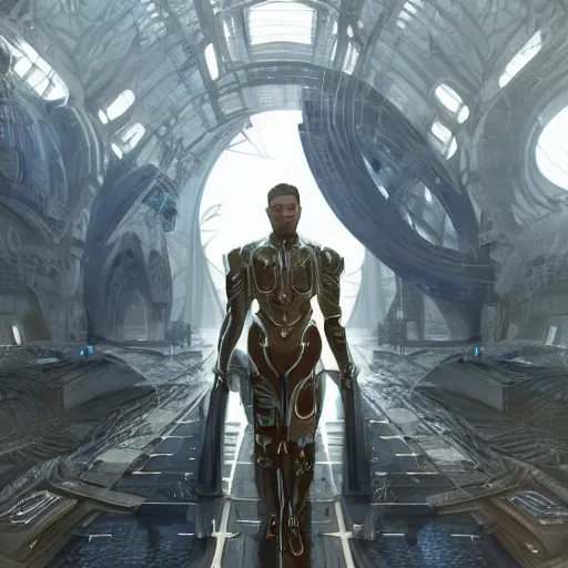 Prompt: A white male of the Caldari race in Eve-Online inside an oppressive station of blue and steel metal, gorgeous, beautiful, intricate, highly detailed, digital painting, artstation, oppressive lighting, sci-fi concept art, sharp focus, illustration, art by greg rutkowski and alphonse mucha