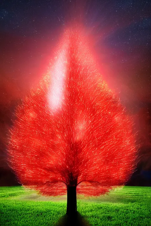 Image similar to A giant glowing red tree made out of light in the center of a corn field blasting off into space, 8K UHD