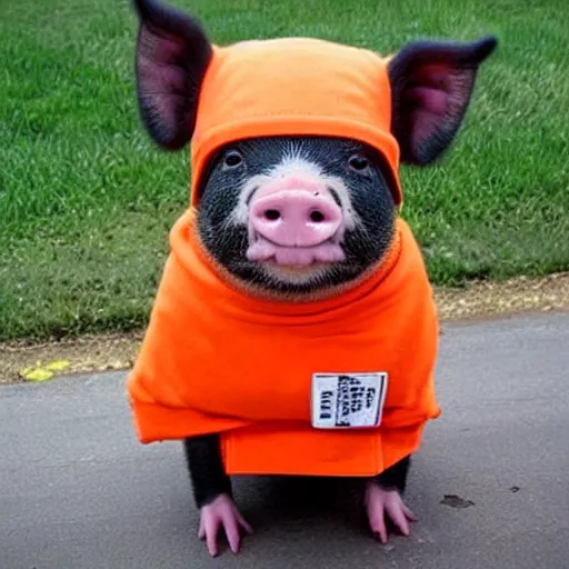 Prompt: cute mini pig wearing orange inmate clothes