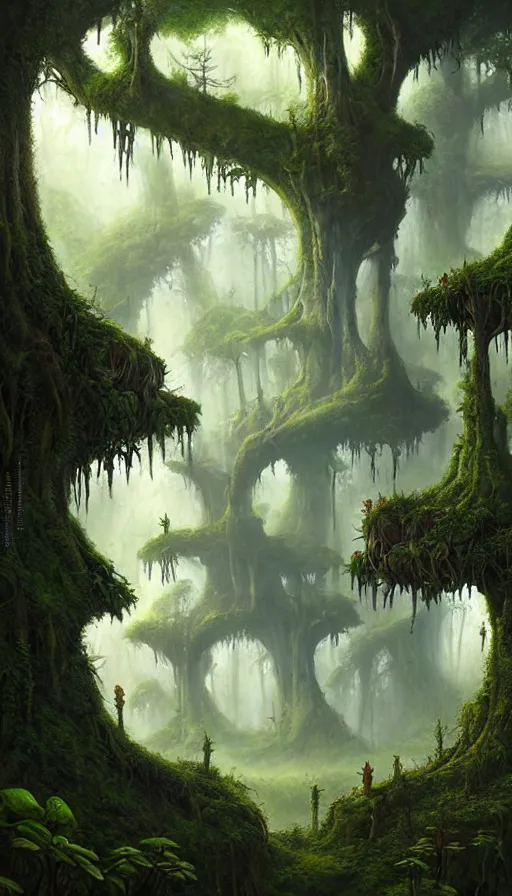 Image similar to fairy palace, castle towers, gnarly trees, lush vegetation, forest landscape, painted by tom bagshaw, raphael lacoste, eddie mendoza, alex ross concept art matte painting