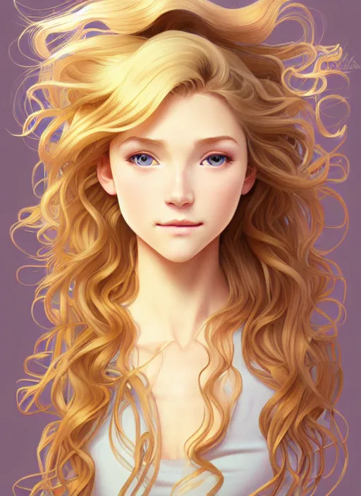 Image similar to young blond girl with long curly, golden hair, perfectly proportioned face, brown eyes, sweet smile, strong jawline,, natural lighting, path traced, highly detailed, high quality, cartoon, digital painting, by new haicheng and studio ghibli and alphonse mucha