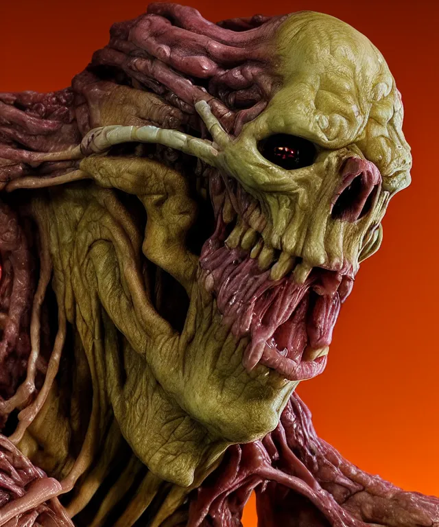 Image similar to hyperrealistic rendering, cronenberg flesh monster skeletor by art of skinner and richard corben and jeff easley, product photography, action figure, sofubi, studio lighting, colored gels