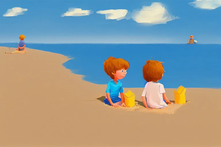 Prompt: Two children sitting on the beach making sandcastles, blue sky, muted colors, artstation, children's book, HD, by Benji Davies