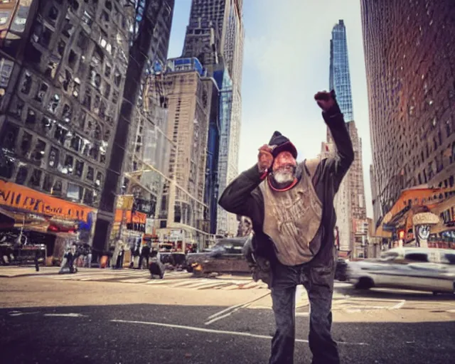 Image similar to a homeless man fly's in the sky. realistic image. new york city candid photo. hyperrealistic