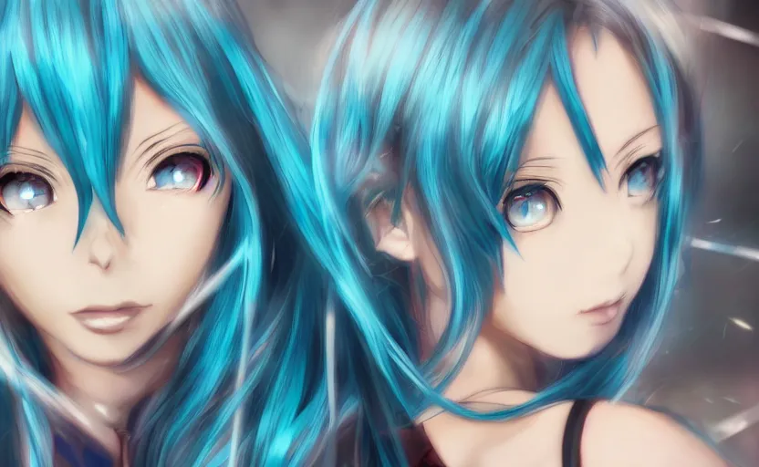 Prompt: ''female anime character with blue long hair, beautiful girl, inside a shiny piece of glass, void, digital art, photorealistic, whatercolour, high quality, 4 k''