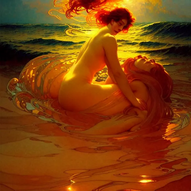 Image similar to ocean waves of glossy liquid honey drops flowing like translucent amber, lsd waves, lsd ripples, backlit, sunset, refracted lighting, art by collier, albert aublet, krenz cushart, artem demura, alphonse mucha