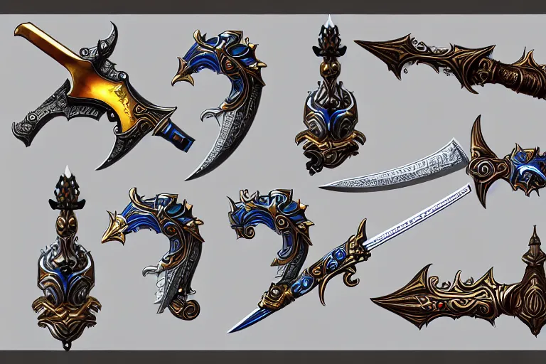 Image similar to design sheet of various ornate fantasy weapons, varied colors