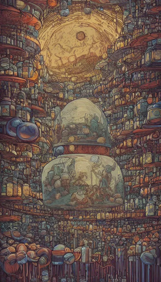 Image similar to The land of the dreaming surrounded by jars full of dreams, futurism, da vinci, Dan Mumford