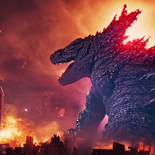 Image similar to photograph of Godzilla destroying a futuristic city, military helicopters in the sky, smoke and destruction, highly detailed, photorealistic