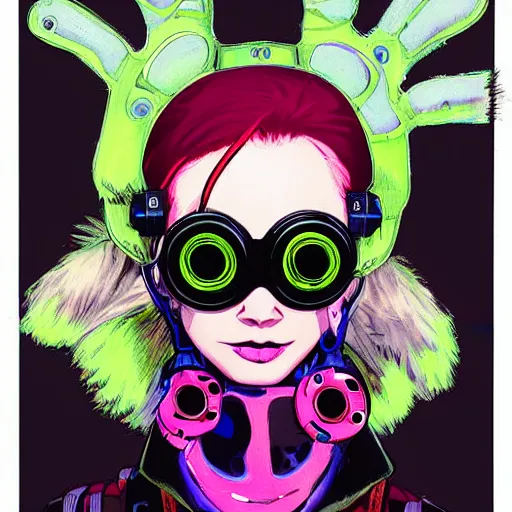 Prompt: cybergoth girl wearing goggles and eccentric jewelry by jamie hewlett, jamie hewlett art - h 7 6 8