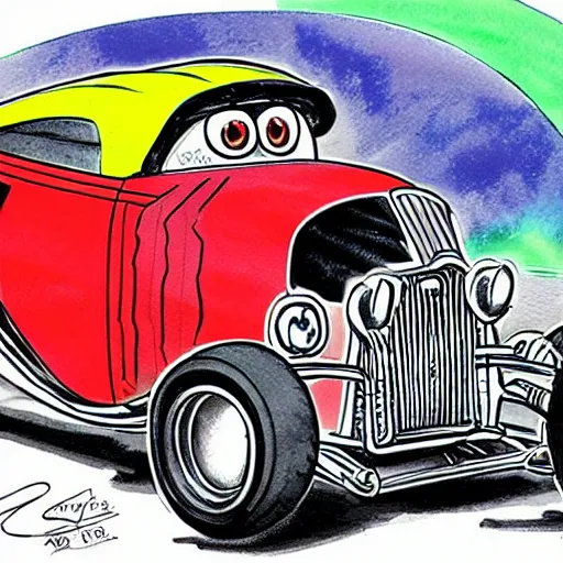 Image similar to racoon riding in a tiny hot rod coupe with oversized engine, ratfink style by ed roth, centered award winning watercolor pen illustration, by chihiro iwasaki, edited by range murata