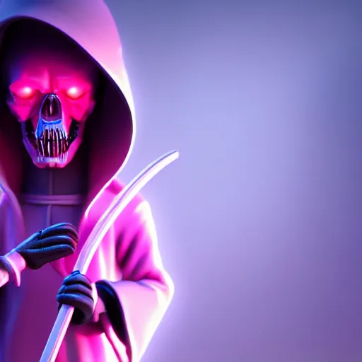 Image similar to candypunk grim reaper, character design, high quality digital art, render, octane, redshift, volumetric lighting, oled