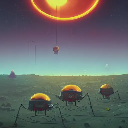 Prompt: aliens roaming a red planet in style of Simon Stålenhag