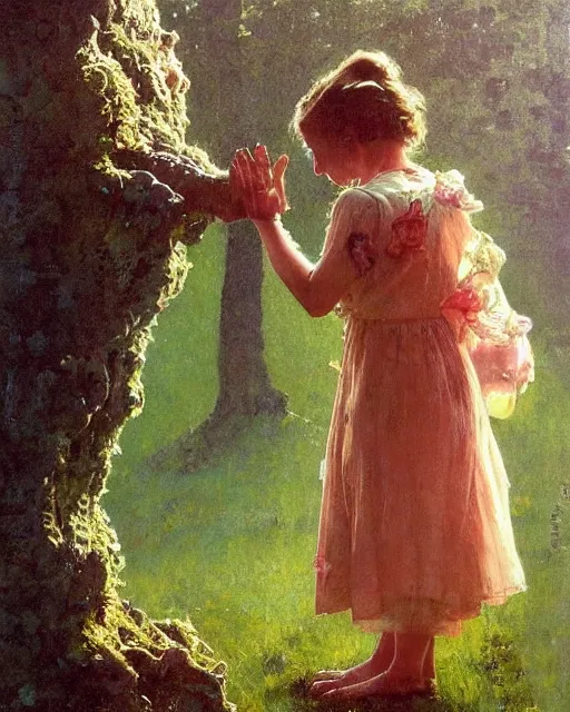 Image similar to detailed painting of a beautiful tardigrade standing upright and holding hands with a young girl, untouched by humans for years, with a brooding fairy inside it. sunlight beams down on the scene and you can tell it is spring from the flowers. atmospheric. by norman rockwell