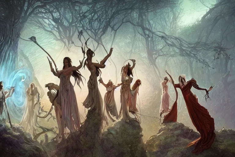 Prompt: the muses. a sacred stone circle, rivendell, the garden of eden, sacred singers they who took up the strings of the deep, and turned the cacophony of an angry world into songs of unity and peace. morning lighting hopeful, cinematic fantasy painting, dungeons and dragons, jessica rossier and brian froud