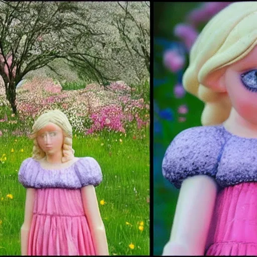 Image similar to A sculpture of a young girl with blonde hair, blue eyes, and a pink dress. She is standing in a meadow with flowers and trees. YouTube by Guo Pei, by Tom Chambers