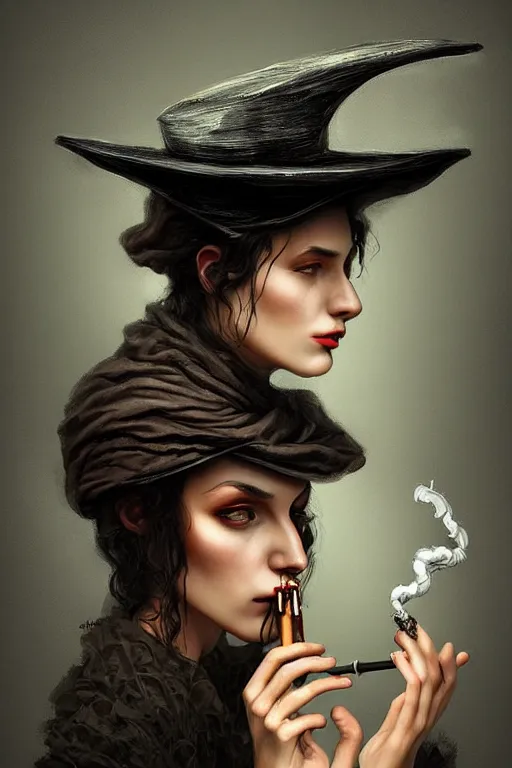 Image similar to Sad woman smoking a gigarette, wearing hat made of smoke and ashes, fantasy, intricate, elegant, highly detailed, digital painting, artstation, concept art, smooth, sharp focus, illustration, art by Ilja Repin