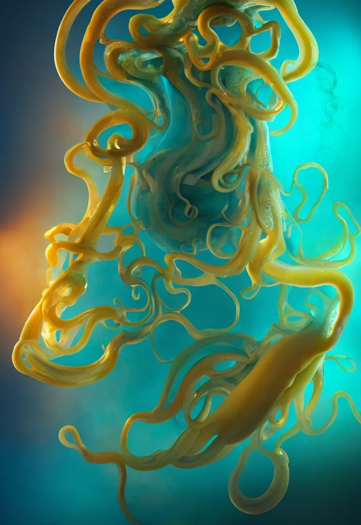 Image similar to subsurface scattering, poseidon made of soft wax, cgsociety, translucent, organic squid and ceramic art nouveau swirls, golden orbs, colored smoke, in the style of alberto seveso and ruan jia and beeple and giger, mystical colors, back light, rim light, dramatic lighting, 8 k, stunning scene, raytracing, octane render