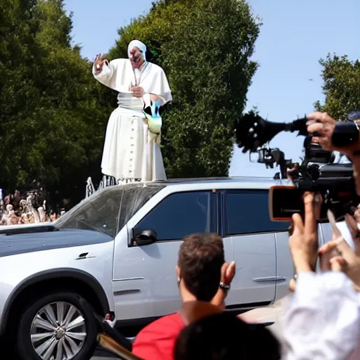 Prompt: the pope doing a drive-by shooting in the popemobile