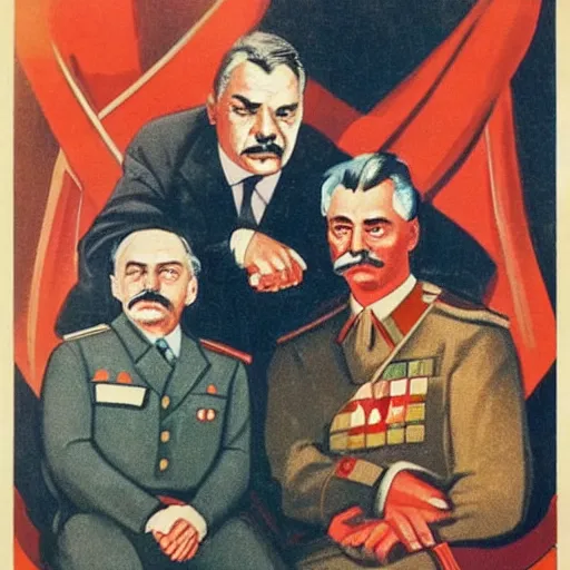 Prompt: hungarian prime minister viktor orban sitting in the lap of joseph stalin, soviet propaganda poster art from 1 9 5 0