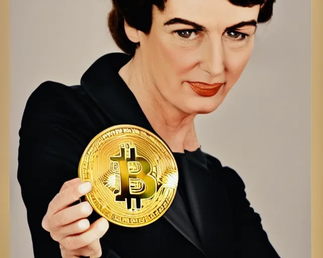 Image similar to ayn rand holding a golden bitcoin, commercial photo by david hamilton for vogue