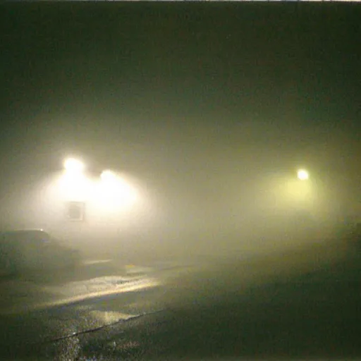 Image similar to a foggy high flash photo of a suburban home from the street at night, 2 0 0 6, taken with a disposable camera