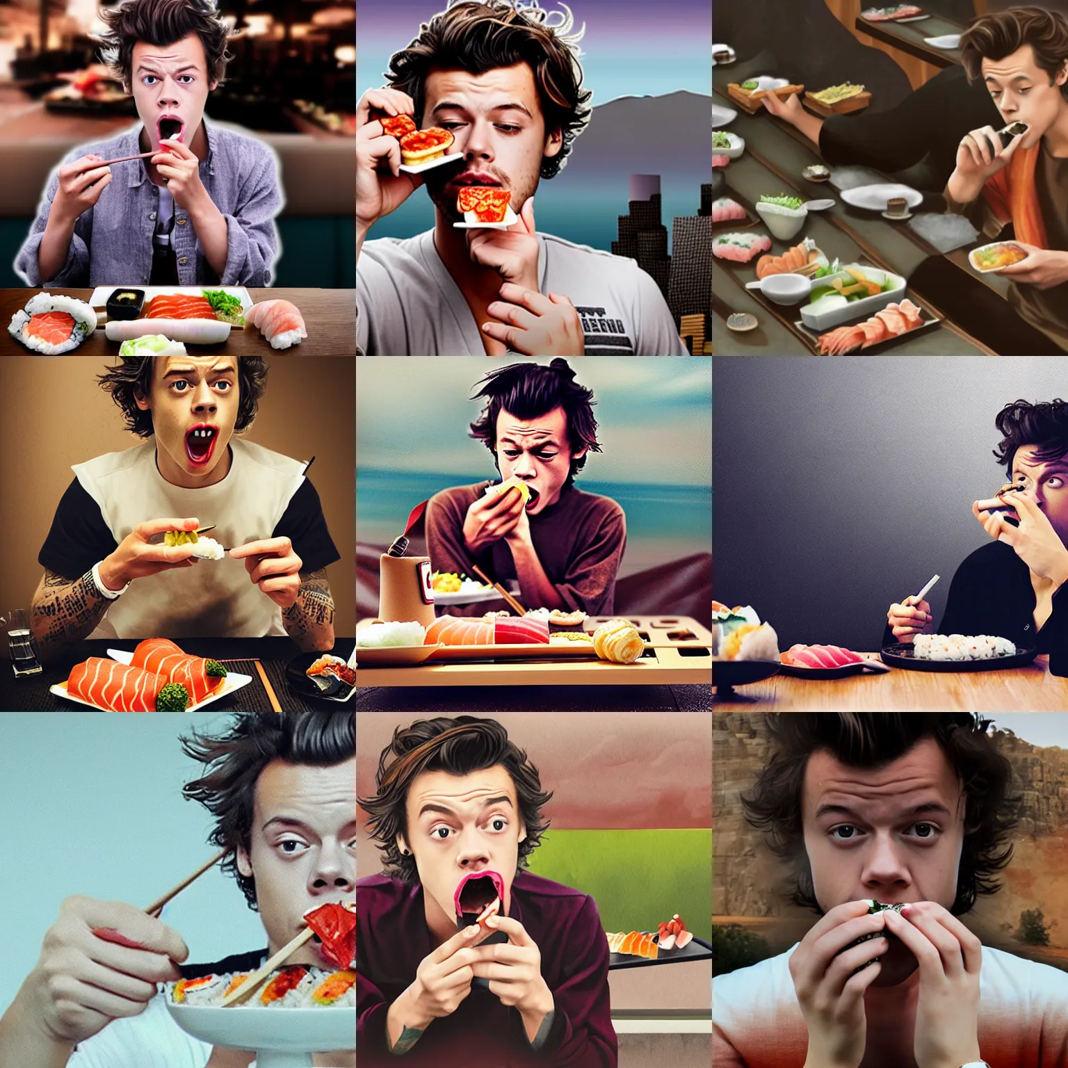 Prompt: matte painting of harry styles eating sushi