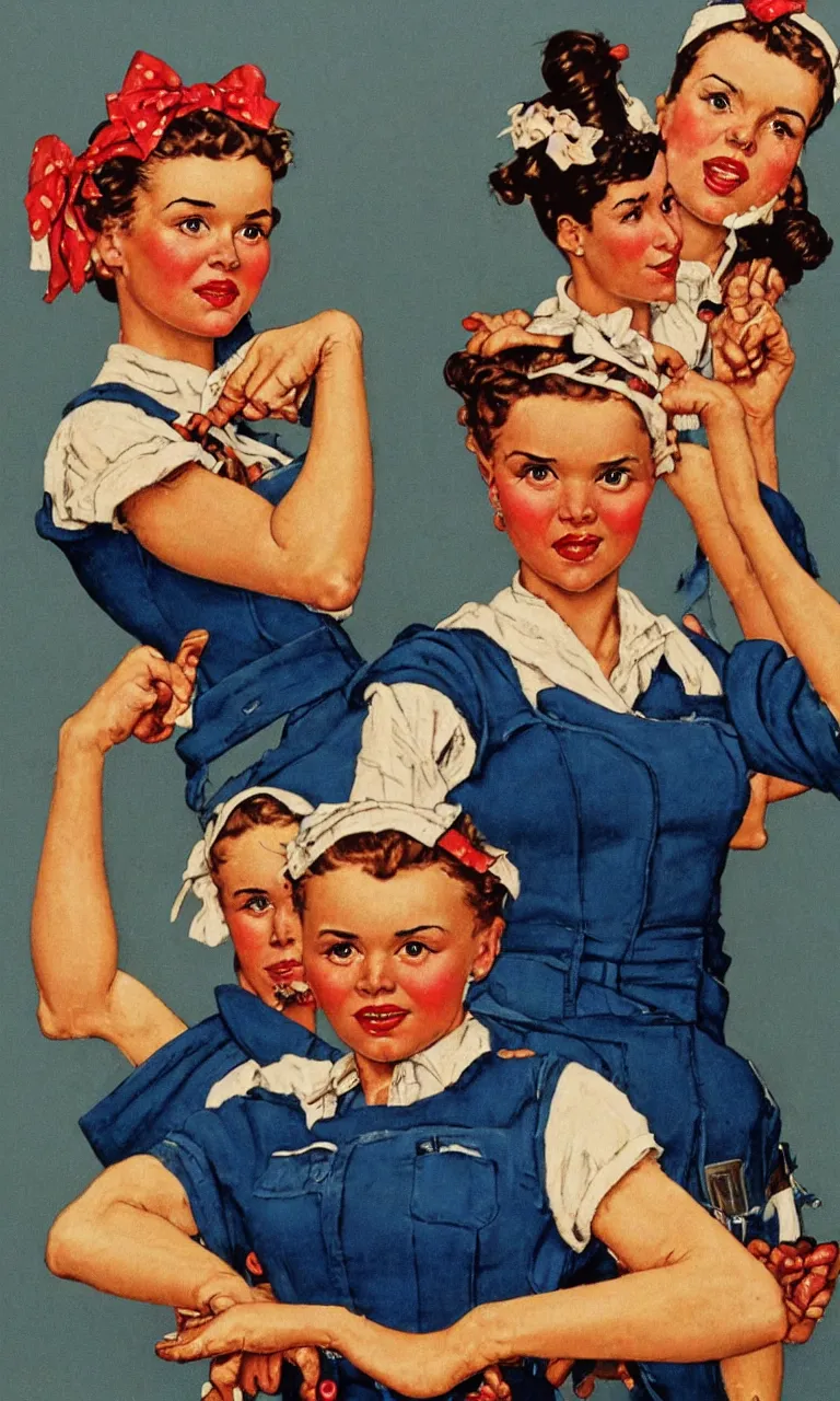 Image similar to ” a photo of a alicia wikander in style of of norman rockwell painting rosie the riveter ”