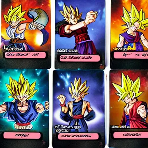 Prompt: yu-gi-oh trading cards with dragonball z characters