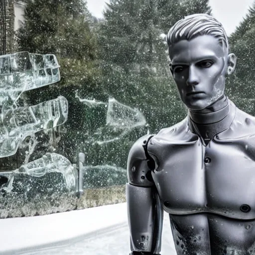 Image similar to made of ice, a realistic detailed photo of a guy who is an attractive humanoid who is half robot and half humanoid, who is a male android, on display, blank stare, showing off his muscles, shiny skin, posing like a statue, by the pool, frozen ice statue, f 1 driver max verstappen, humanoid robot