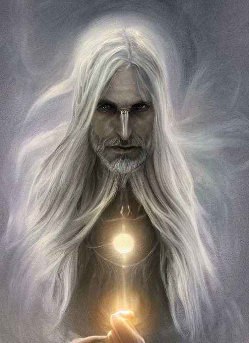 Image similar to portrait of steve jobs, white glowing eyes, silver shaggy hair, cloak, ethereal wings, male, fantasy, extremely detailed, digital painting, artstation, concept art, smooth, sharp focus, illustration, stunning lighting, art by artgerm and alphonse mucha and simon stalenhag, realistic character concept, high fantasy, light atmosphere, golden ratio, cinematic lighting