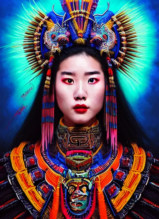 Prompt: portrait of liu yifei, hyper detailed ultra sharp aztec shaman warrior. trending on artstation, warpaint aesthetic, bloodwave, colorful, psychedelic, ornate, intricate, digital painting, concept art, smooth, sharp focus, illustration, art by artgerm and greg rutkowski and h. r. giger, 8 k