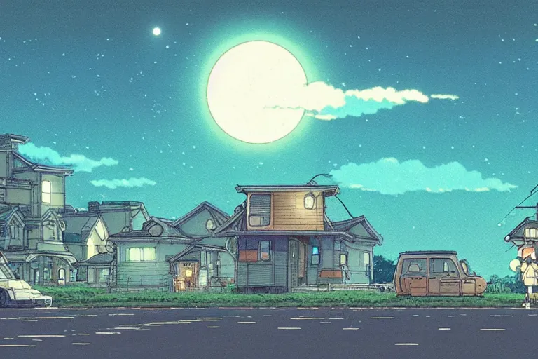 Prompt: a still from a studio ghibli film of an alien mothership opening up to show a day time sky, at night in the suburbs. full body, wide shot, very muted colors, post grunge, studio ghibli, laurie greasley, highly detailed, deviantart, art by artgem